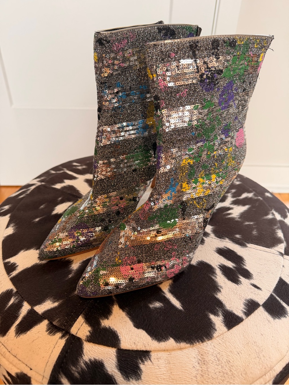 New York & Company Silver Sequin Floral Ankle Boots